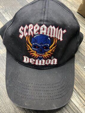 Y2K Screaming Demon Embroidered Adjustable Snapback Black Hat Cap FLAME SKULL